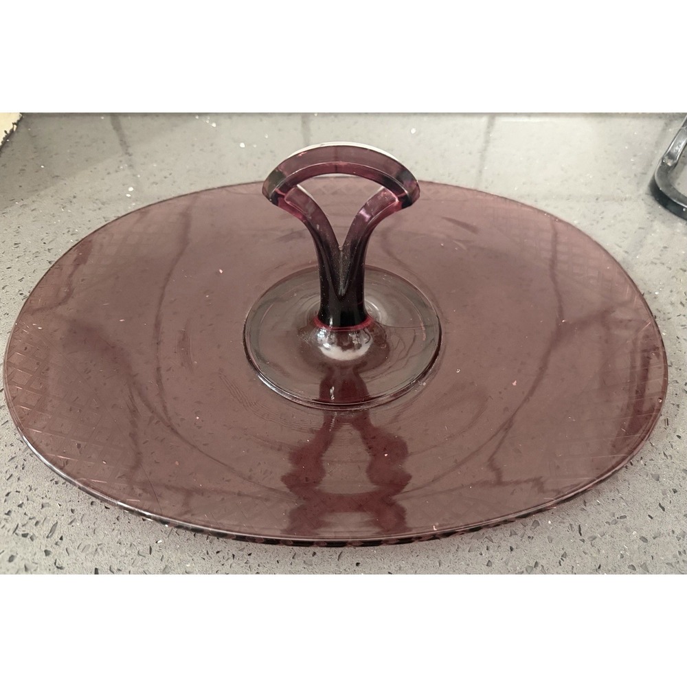 Vtg Glass Amethyst Purple Tidbit Tray W/Handle Sandwich Serving Dish